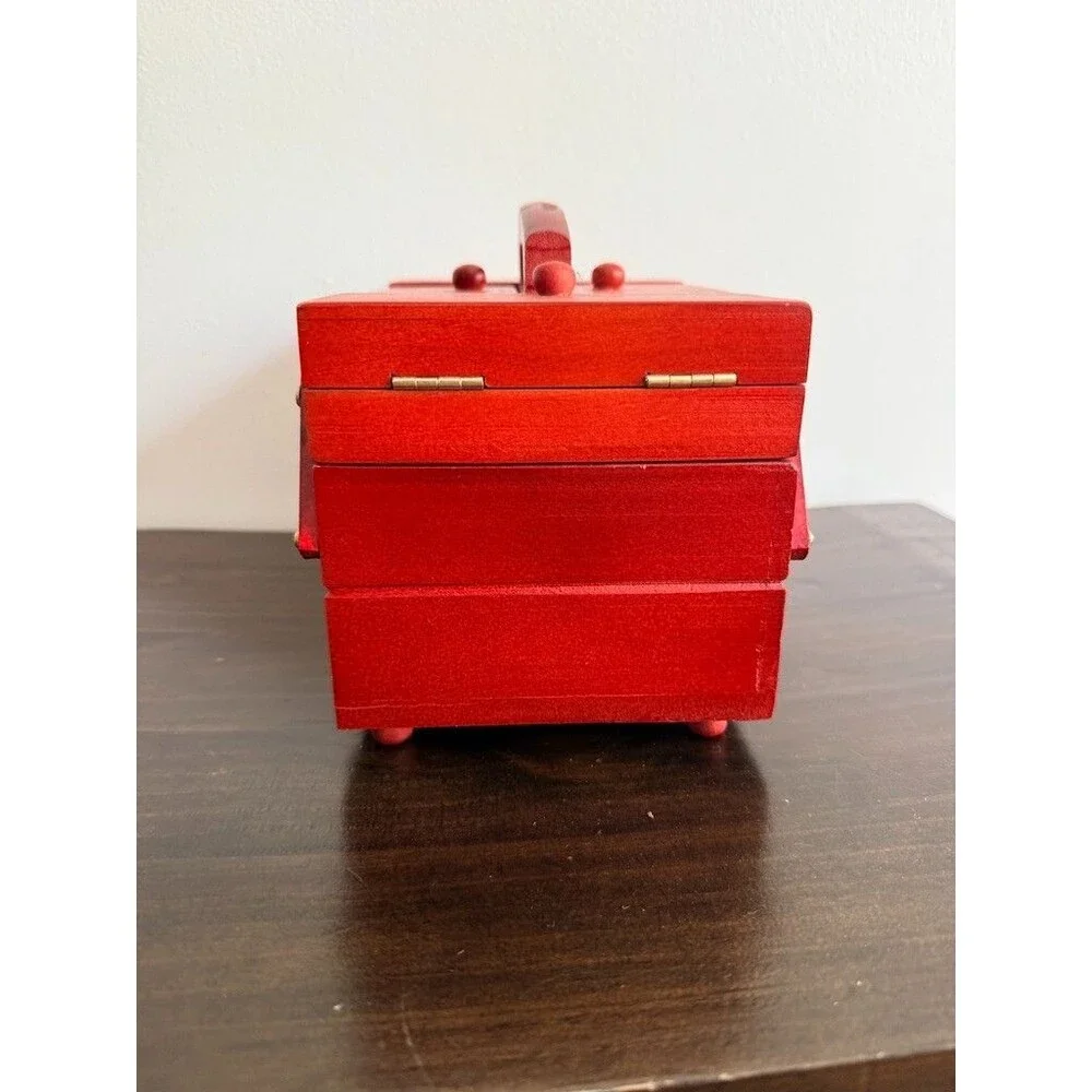 Vintage Red Wooden 2 Tier Cantilever/Accordion Sewing Kit w/feet includes thread